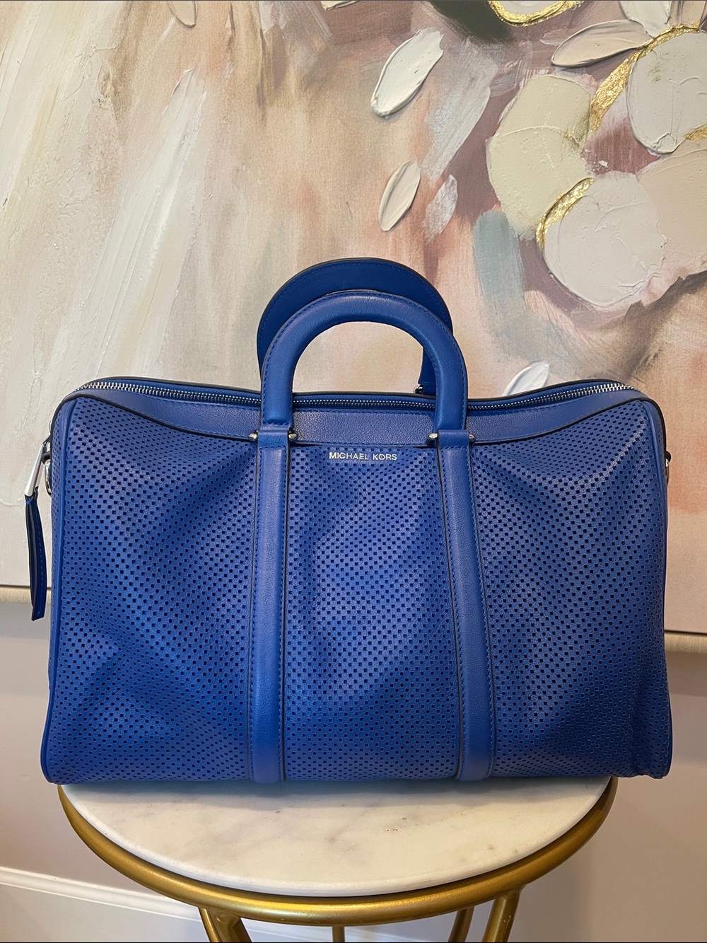 Michael Kors Blue Perforated Leather Duffel Bag